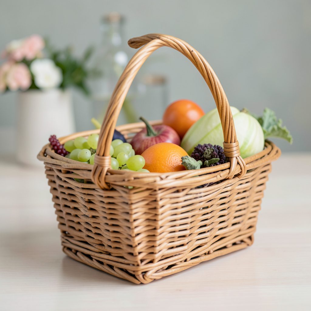 A warm soft-focus scene of a woven basket resting on a wooden surface, painted in muted browns and creams, evoking a calm and nurturing feeling.